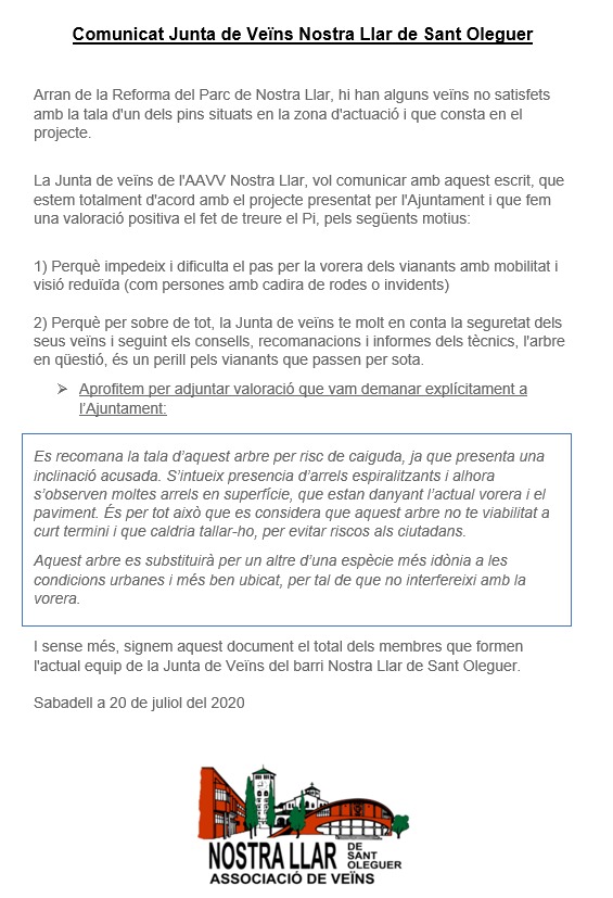 Comunicat de la Junta de Veïns de Nostra Llar